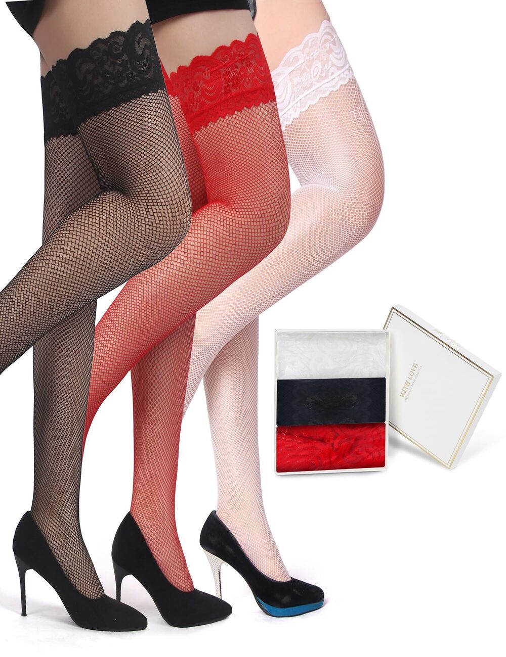 1327 3 Pairs Plus Size Thigh High Stockings Black Fishnet Stockings Sheer